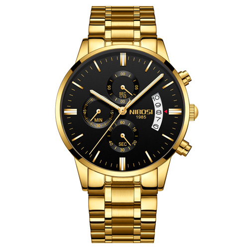NIBOSI 2309 Chronograph Stainless Steel Band Wristwatches for Men- Gold Black